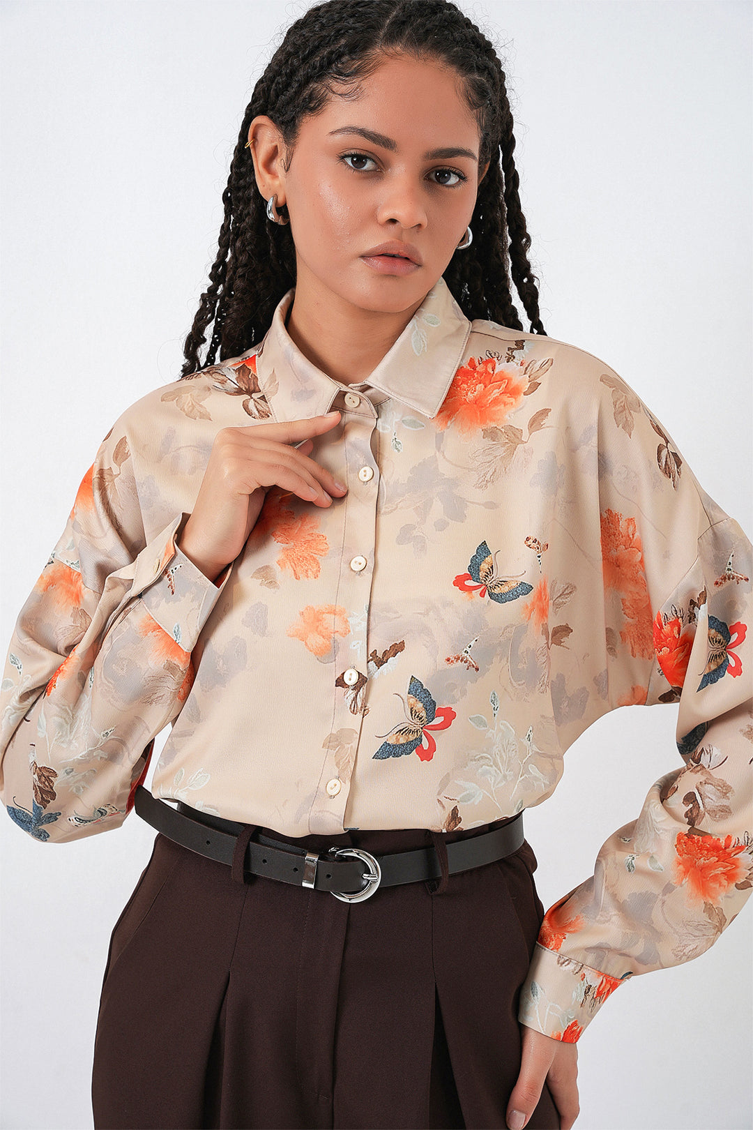 BGD Women Women's Oversized Patterned Satin Shirt 20365 - Camel - Etterbeek