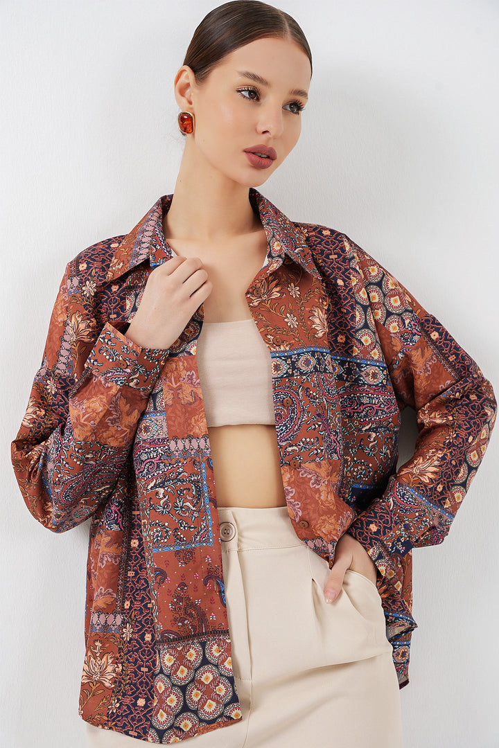 BGD Women Kadın Oversize Desenli Saten Gömlek 20365 - Kiremit - Lebanon