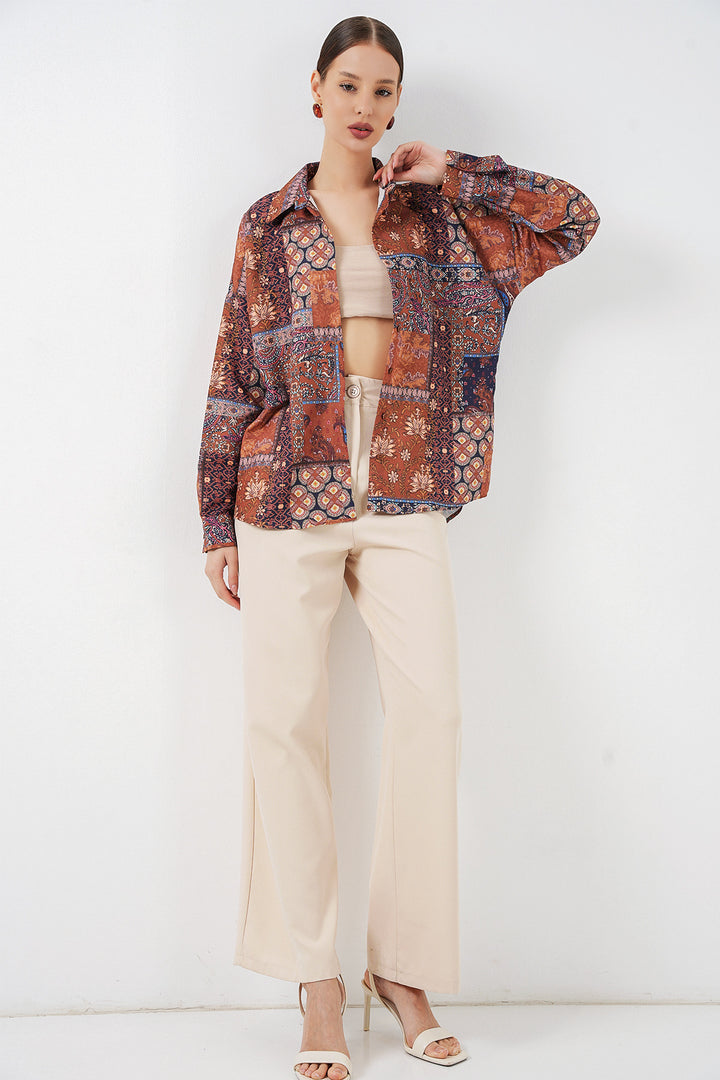 BGD Women Kadın Oversize Desenli Saten Gömlek 20365 - Kiremit - Lebanon