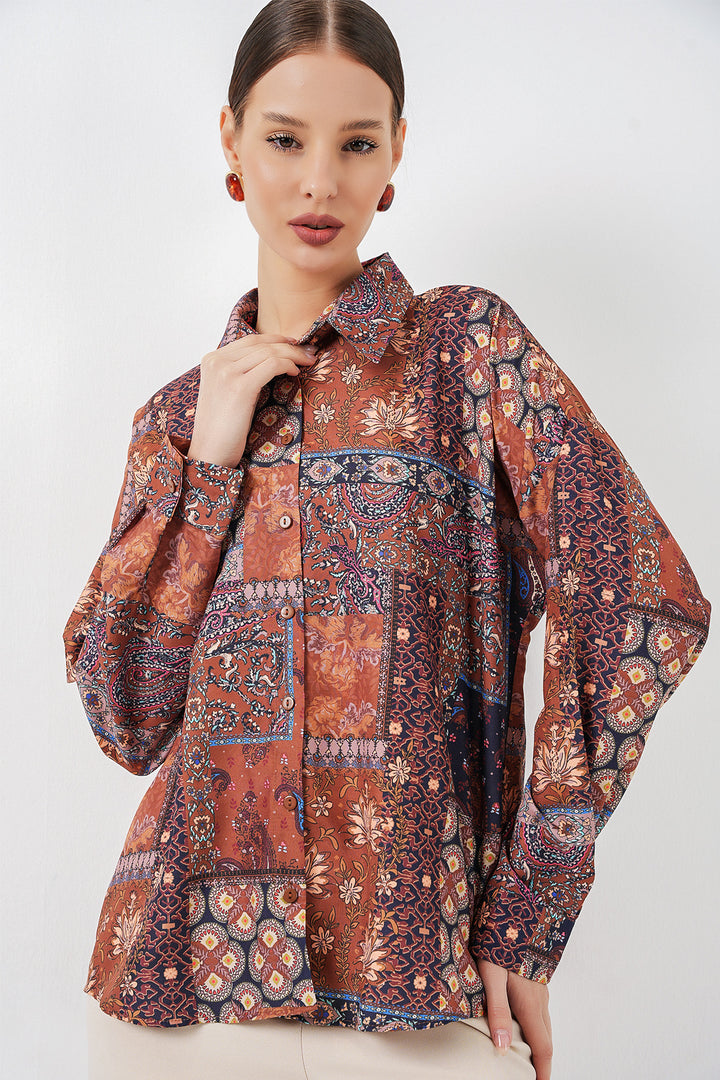 BGD Women Kadın Oversize Desenli Saten Gömlek 20365 - Kiremit - Lebanon