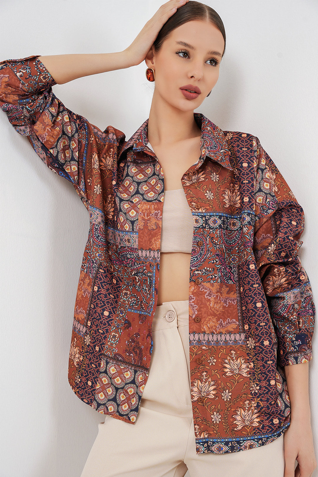 BGD Women Kadın Oversize Desenli Saten Gömlek 20365 - Kiremit - Lebanon