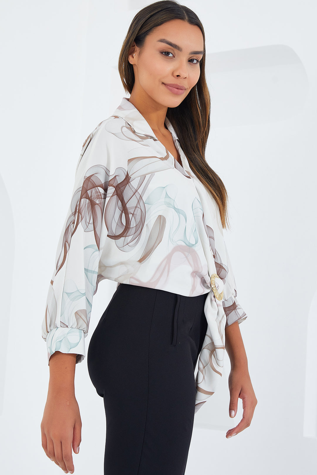 BGD Women Women's Oversize Draped Crop Satin Shirt 906 - Brown - Avondale