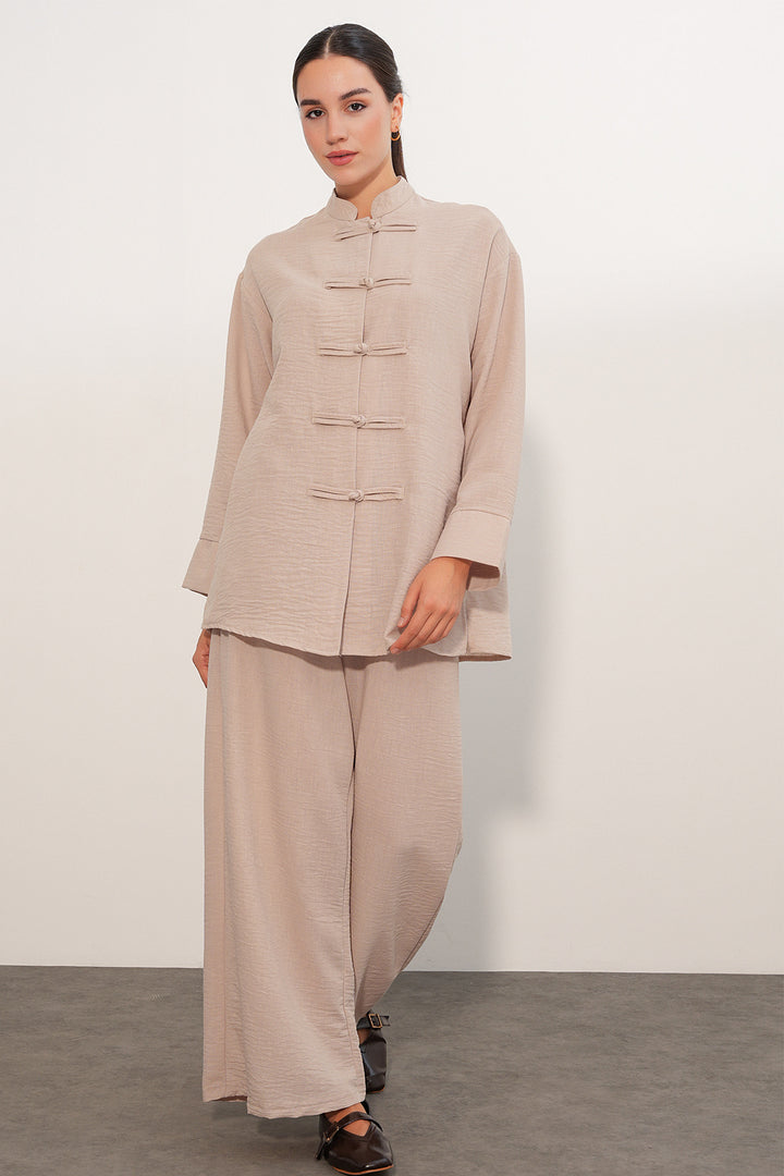 BGD Women Kadın Oversize Gömlek Pantolon Keten İkili Takım 30126 - Bej - Holland