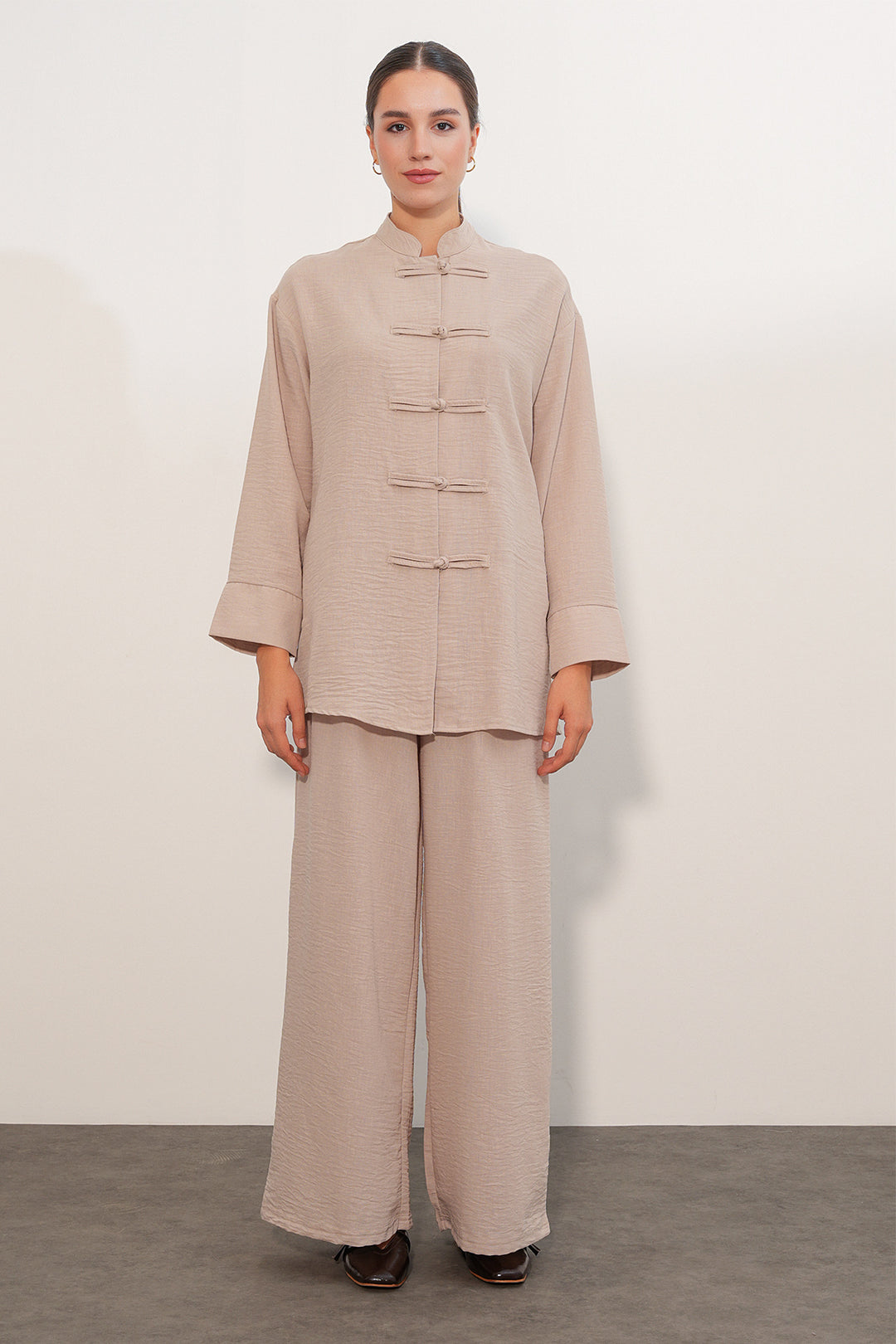 BGD Women Kadın Oversize Gömlek Pantolon Keten İkili Takım 30126 - Bej - Holland