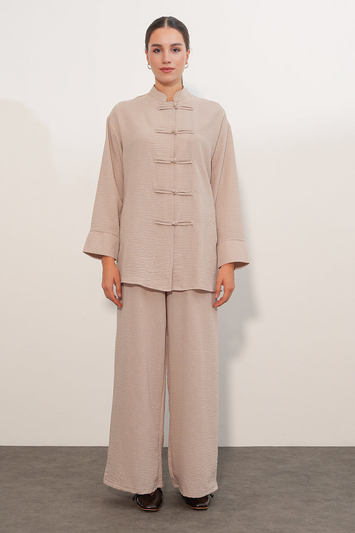 BGD Women Kadın Oversize Gömlek Pantolon Keten İkili Takım 30126 - Bej - Holland