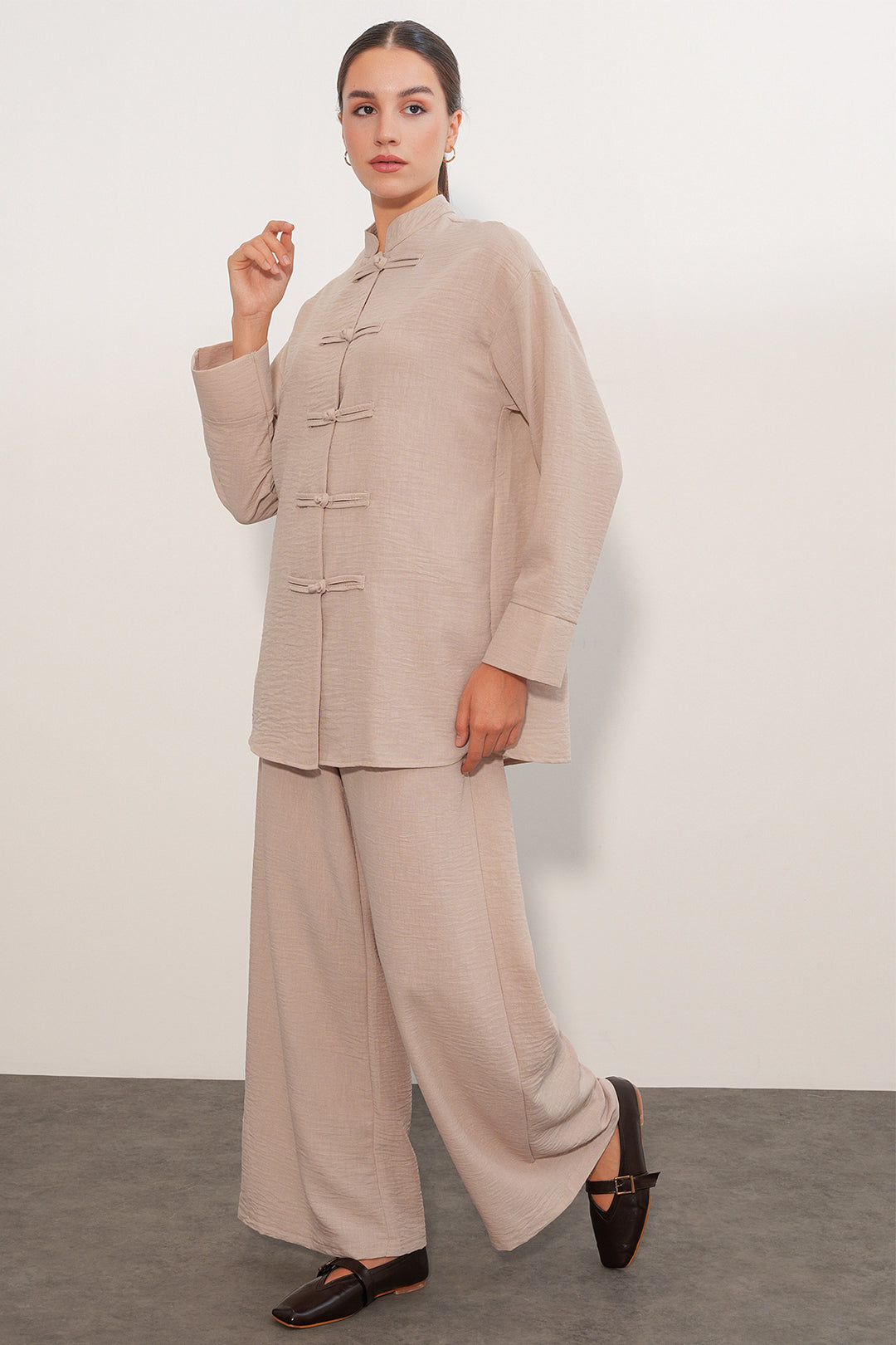 BGD Women Kadın Oversize Gömlek Pantolon Keten İkili Takım 30126 - Bej - Holland