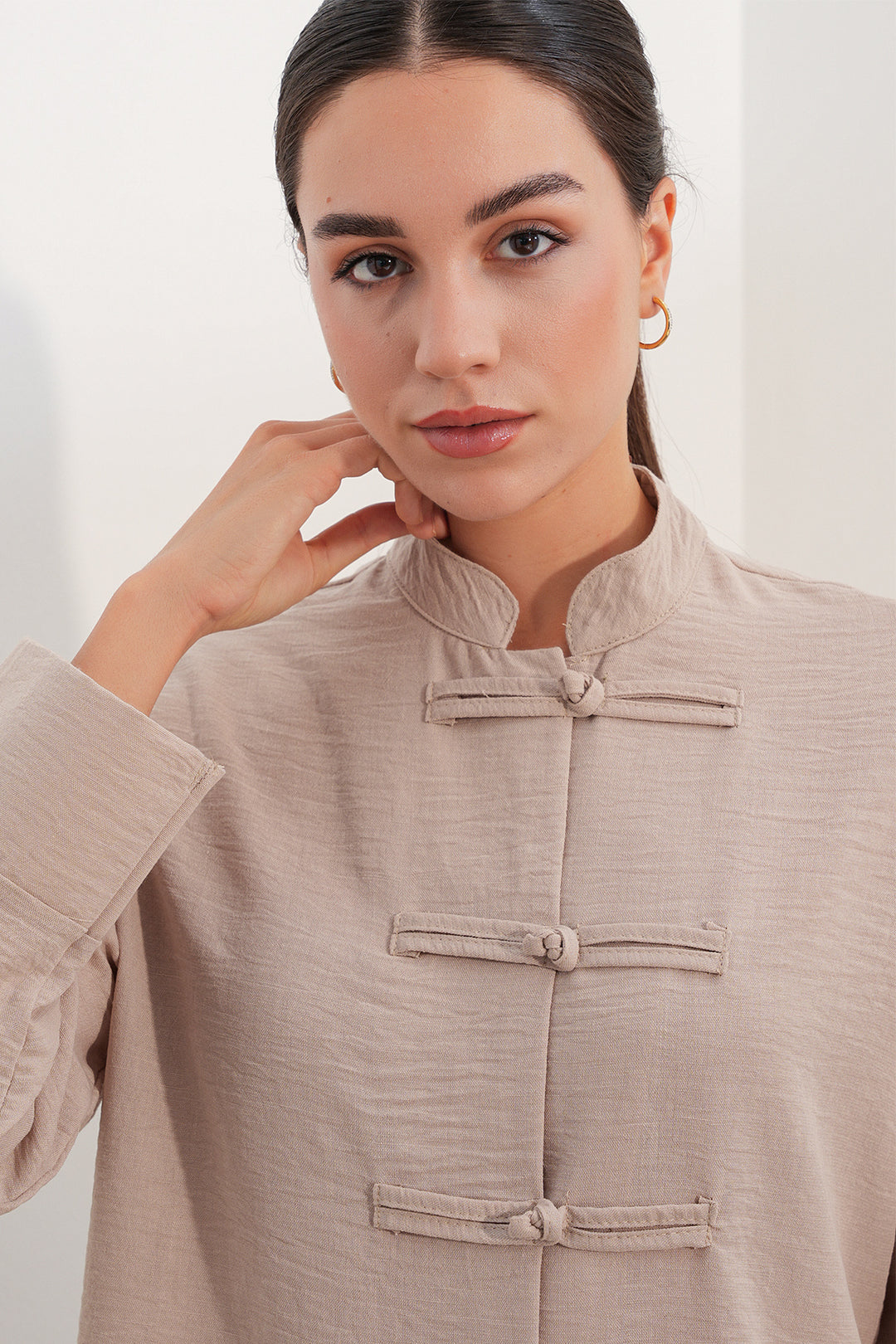 BGD Women Kadın Oversize Gömlek Pantolon Keten İkili Takım 30126 - Bej - Holland