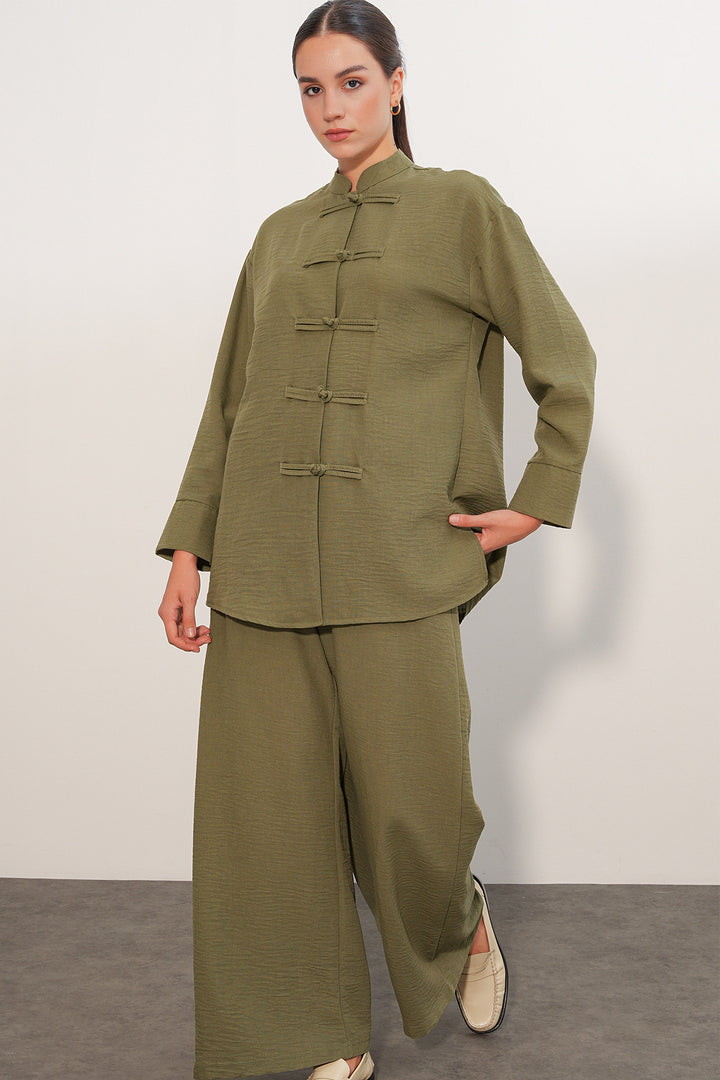 BGD Women Kadın Oversize Gömlek Pantolon Keten İkili Takım 30126 - Haki - Meaux