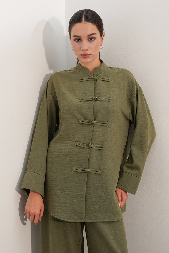 BGD Women Kadın Oversize Gömlek Pantolon Keten İkili Takım 30126 - Haki - Meaux