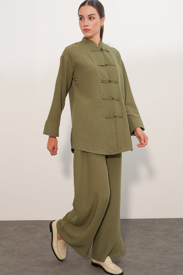 BGD Women Kadın Oversize Gömlek Pantolon Keten İkili Takım 30126 - Haki - Meaux