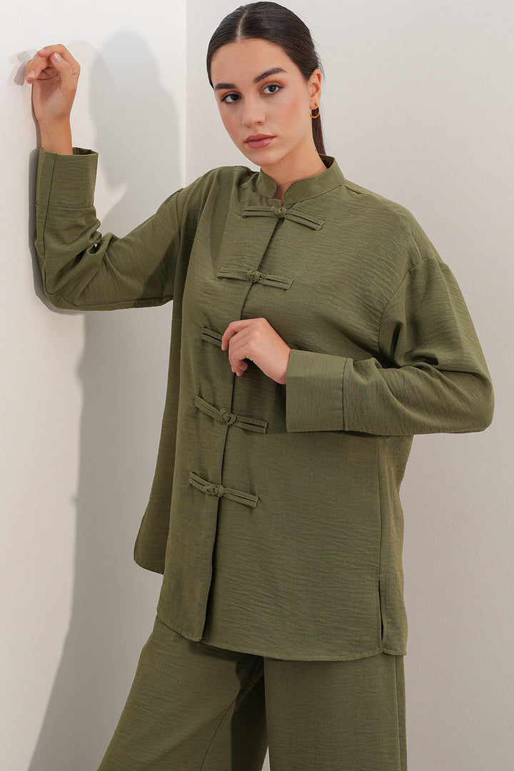 BGD Women Kadın Oversize Gömlek Pantolon Keten İkili Takım 30126 - Haki - Meaux
