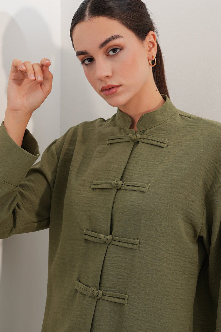 BGD Women Kadın Oversize Gömlek Pantolon Keten İkili Takım 30126 - Haki - Meaux