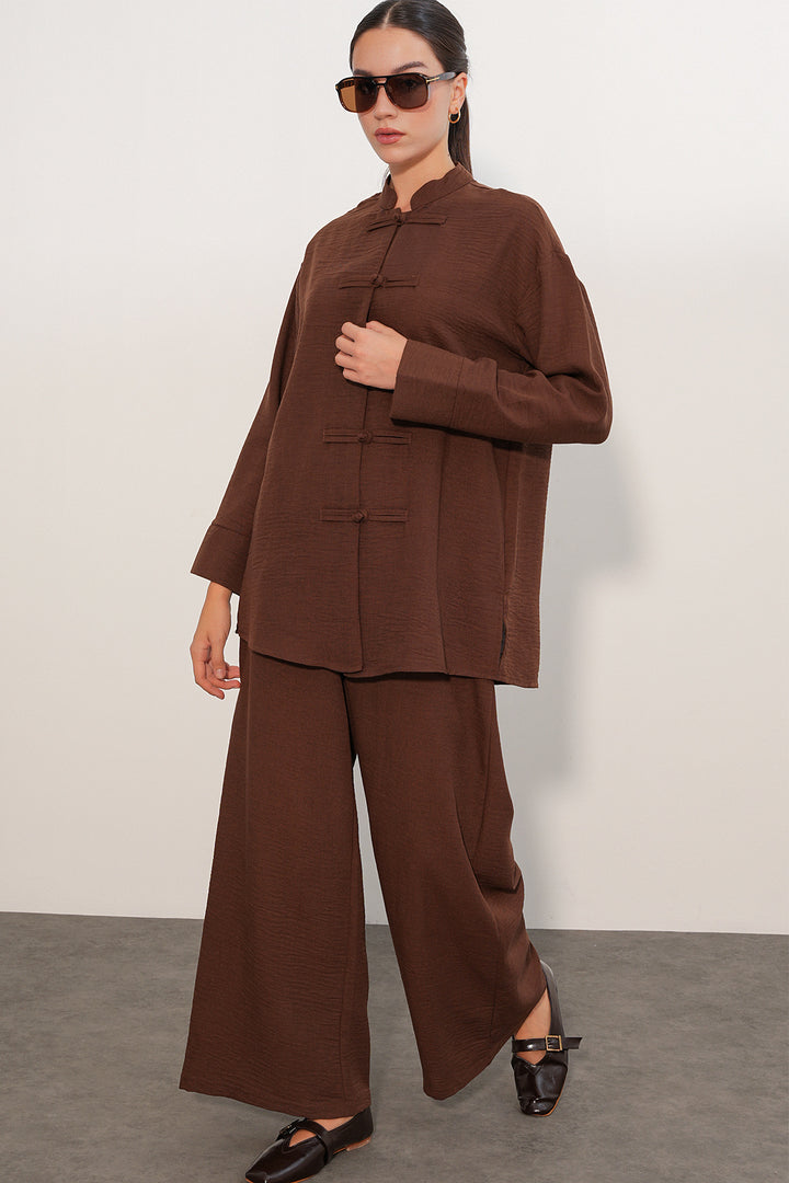 BGD Women Kadın Oversize Gömlek Pantolon Keten İkili Takım 30126 - Kahverengi - Gainesville