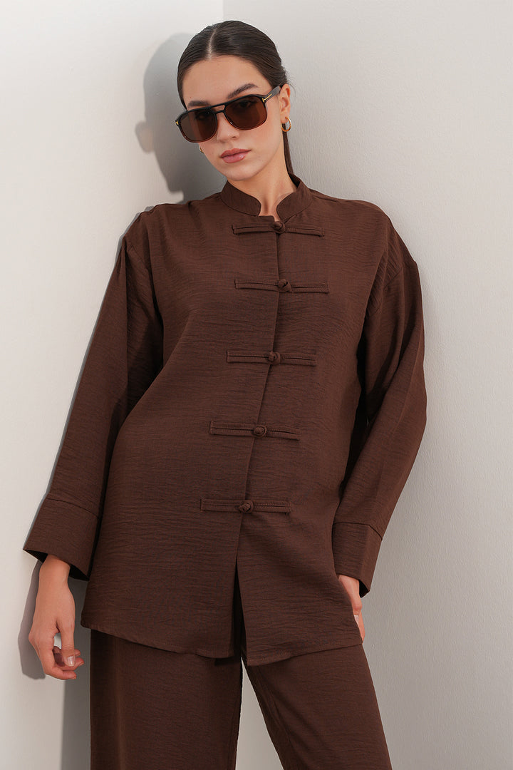 BGD Women Kadın Oversize Gömlek Pantolon Keten İkili Takım 30126 - Kahverengi - Gainesville