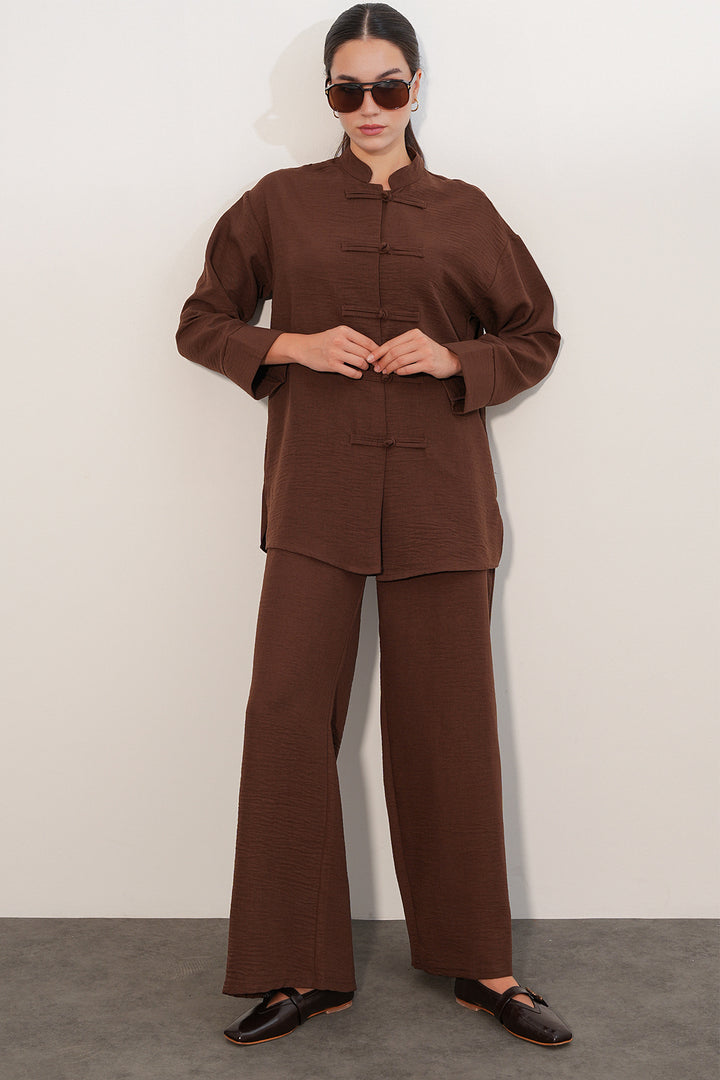BGD Women Kadın Oversize Gömlek Pantolon Keten İkili Takım 30126 - Kahverengi - Gainesville