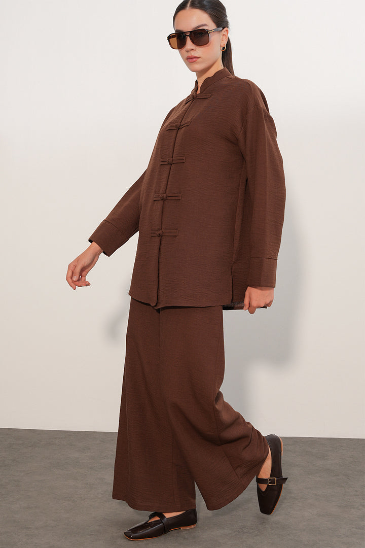 BGD Women Kadın Oversize Gömlek Pantolon Keten İkili Takım 30126 - Kahverengi - Gainesville