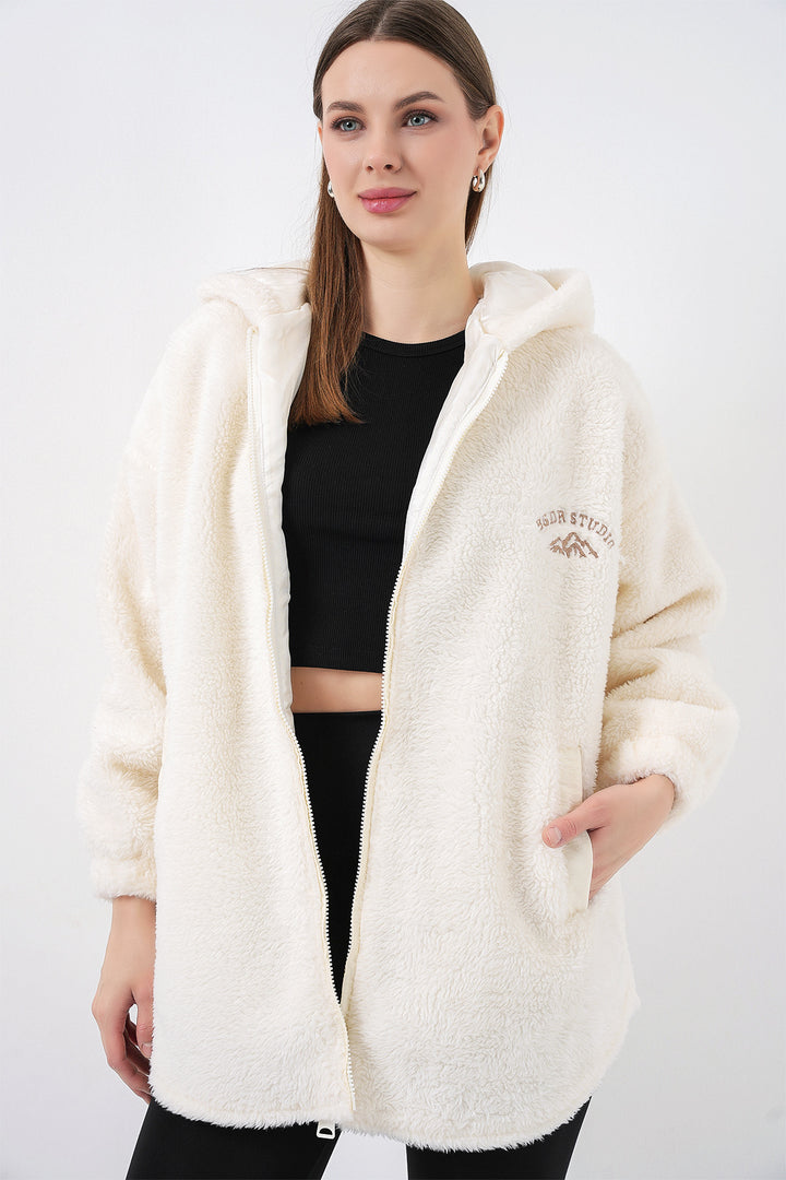 BGD Women Kadın Oversize Kapüşonlu Peluş Kaban 5207 - Ekru - Woodbridge