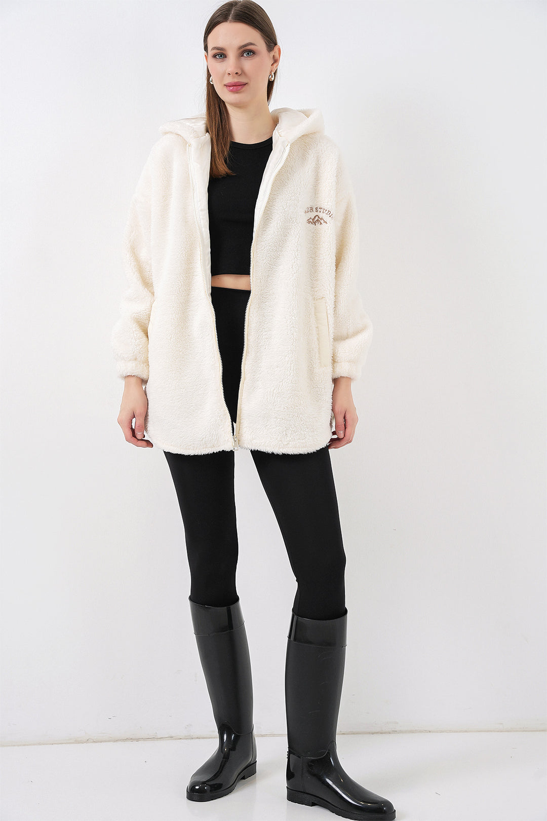 BGD Women Kadın Oversize Kapüşonlu Peluş Kaban 5207 - Ekru - Woodbridge