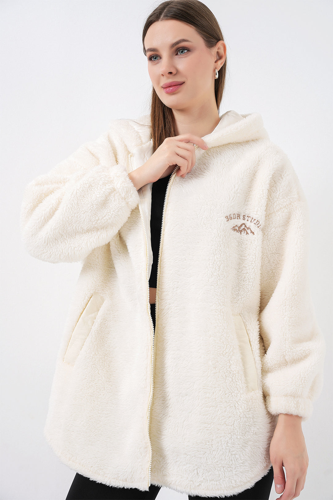BGD Women Kadın Oversize Kapüşonlu Peluş Kaban 5207 - Ekru - Woodbridge