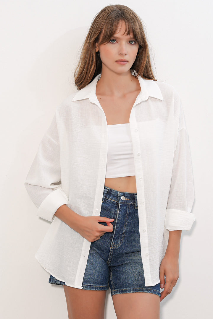 BGD Women Kadın Oversize Keten Gömlek 20338 - B.Beyaz - Comitán