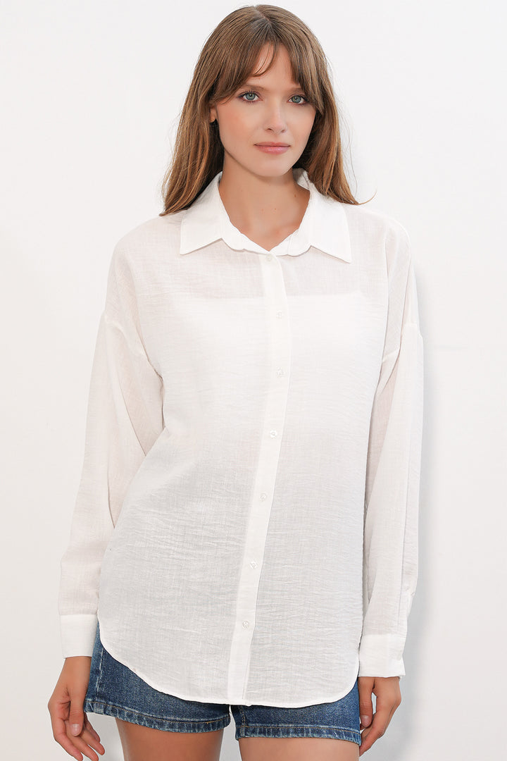 BGD Women Kadın Oversize Keten Gömlek 20338 - B.Beyaz - Comitán