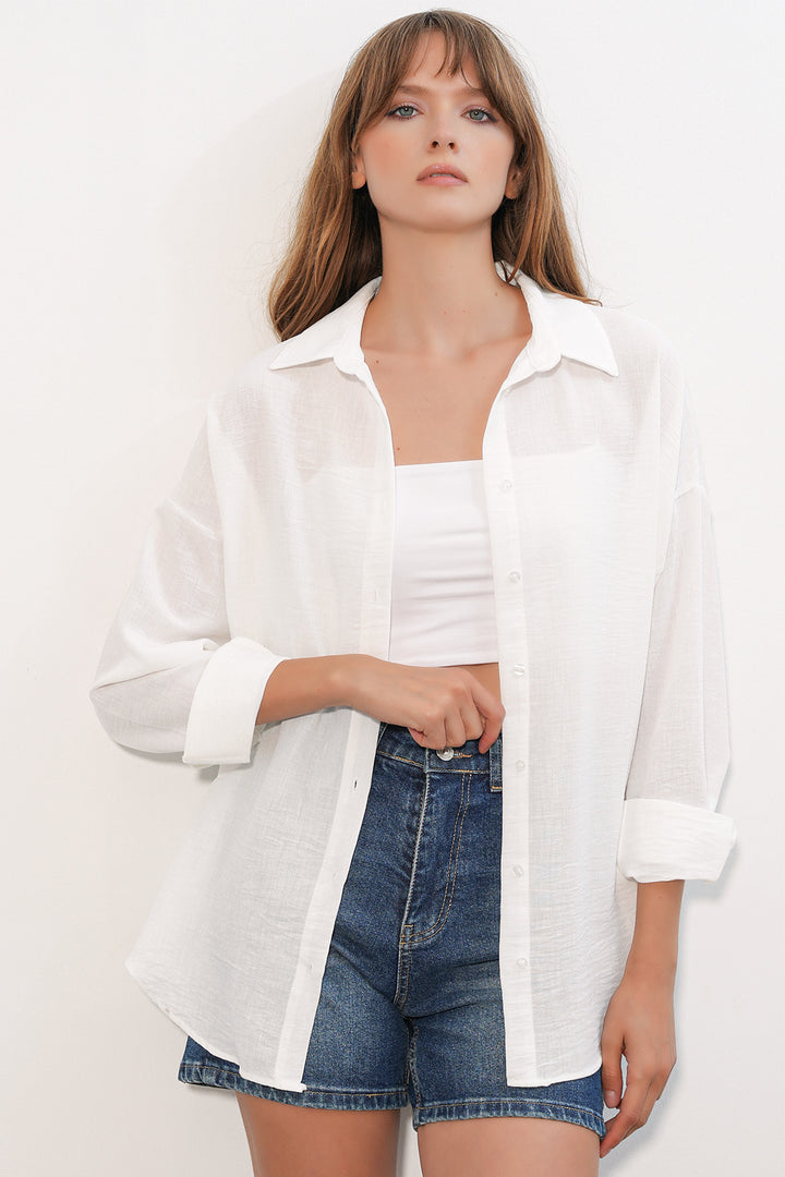 BGD Women Kadın Oversize Keten Gömlek 20338 - B.Beyaz - Comitán