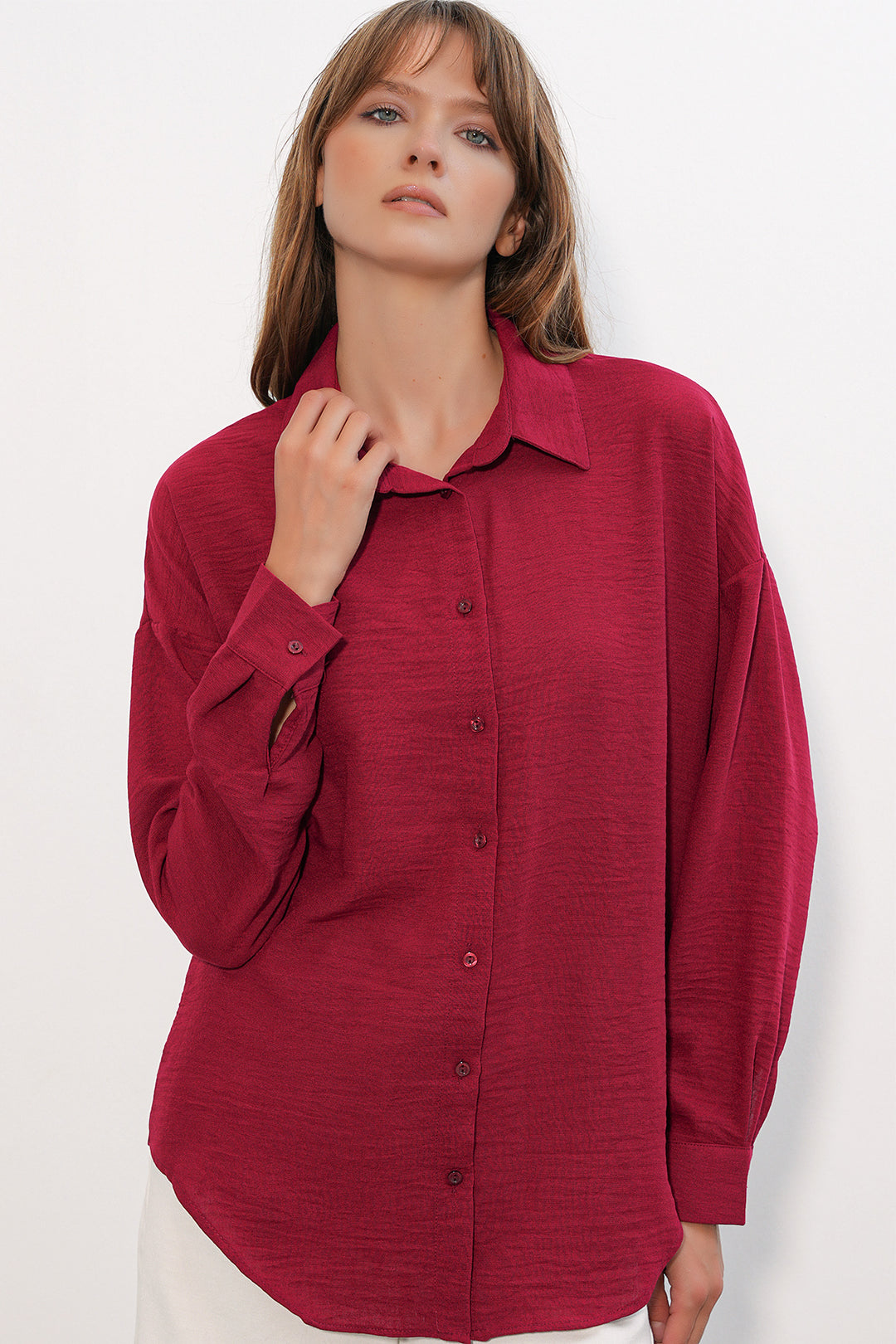 BGD Women Kadın Oversize Keten Gömlek 20338 - Bordo - Arlington