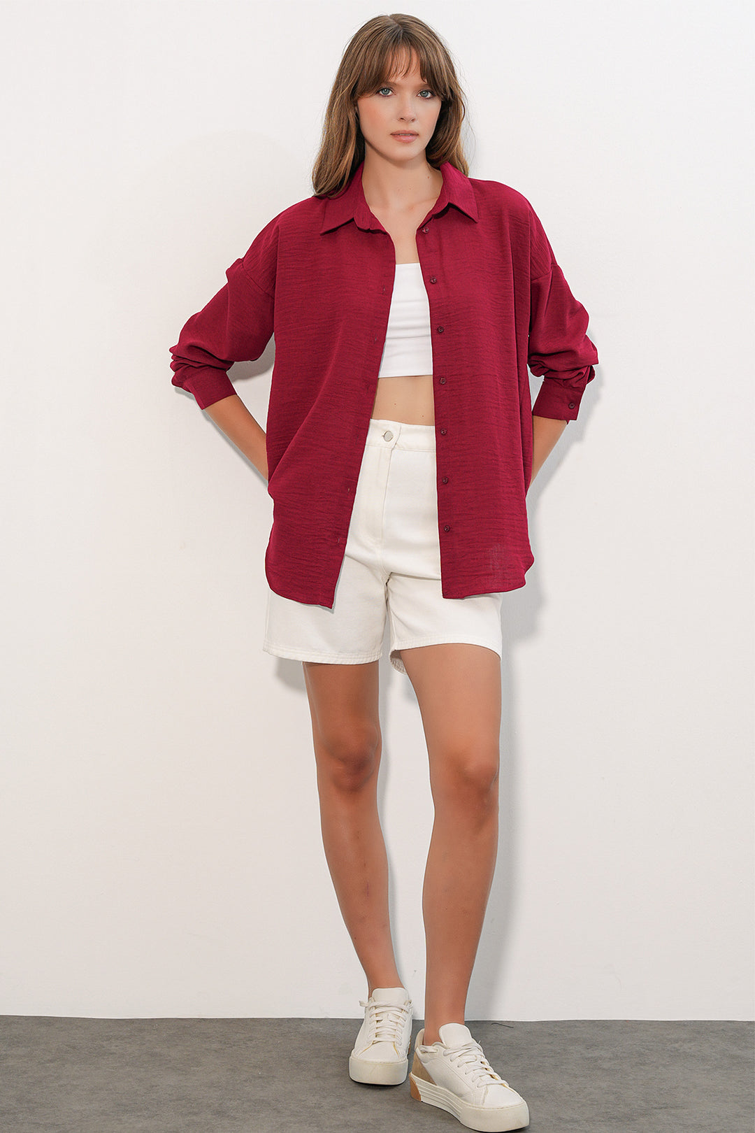BGD Women Kadın Oversize Keten Gömlek 20338 - Bordo - Arlington