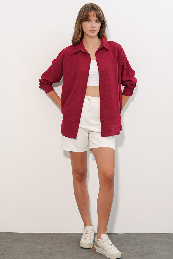 BGD Women Kadın Oversize Keten Gömlek 20338 - Bordo - Arlington