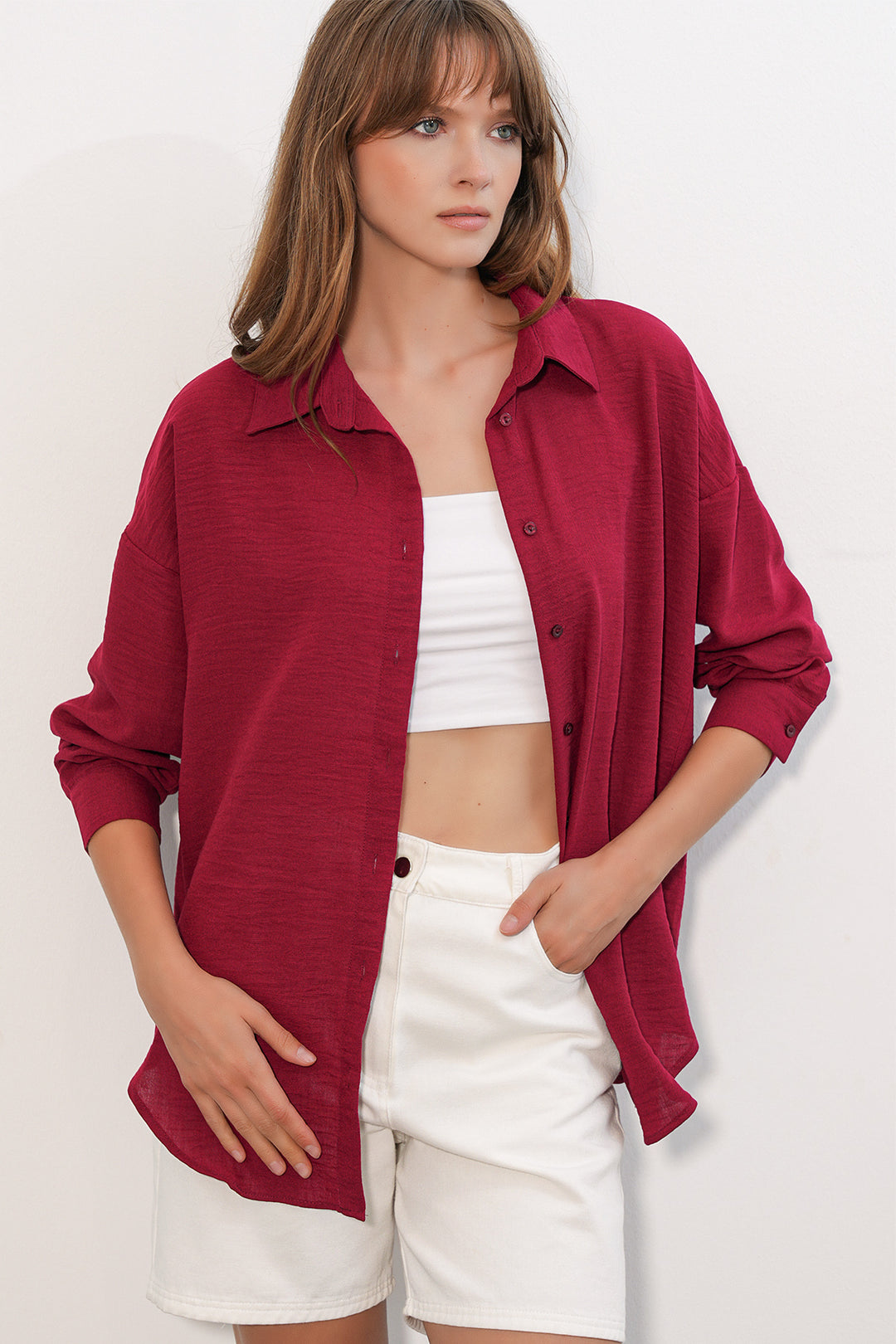 BGD Women Kadın Oversize Keten Gömlek 20338 - Bordo - Arlington