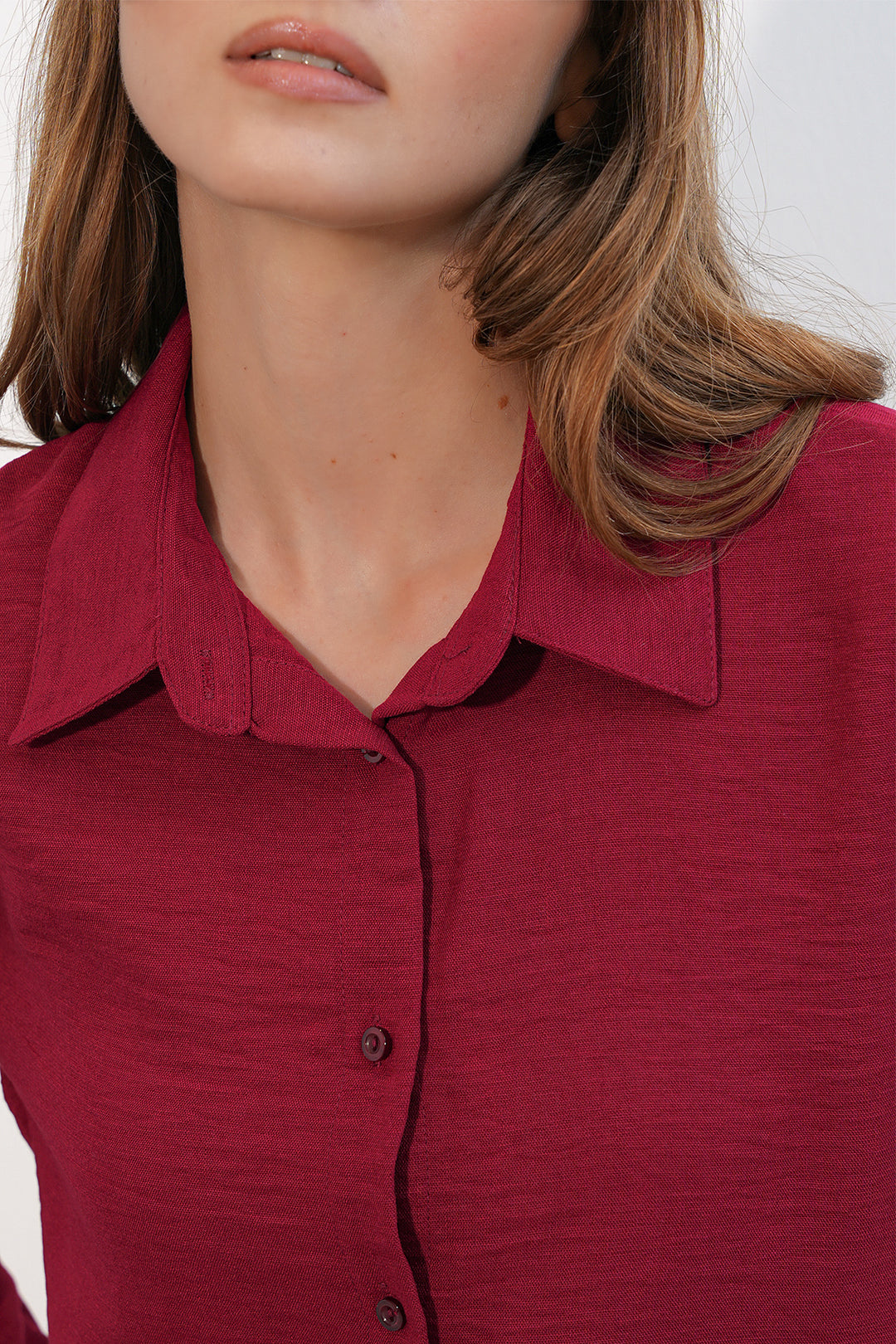 BGD Women Kadın Oversize Keten Gömlek 20338 - Bordo - Arlington