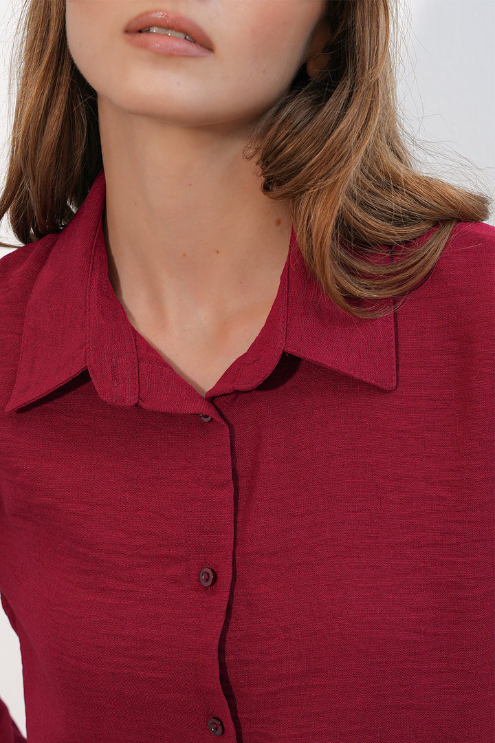 BGD Women Kadın Oversize Keten Gömlek 20338 - Bordo - Arlington