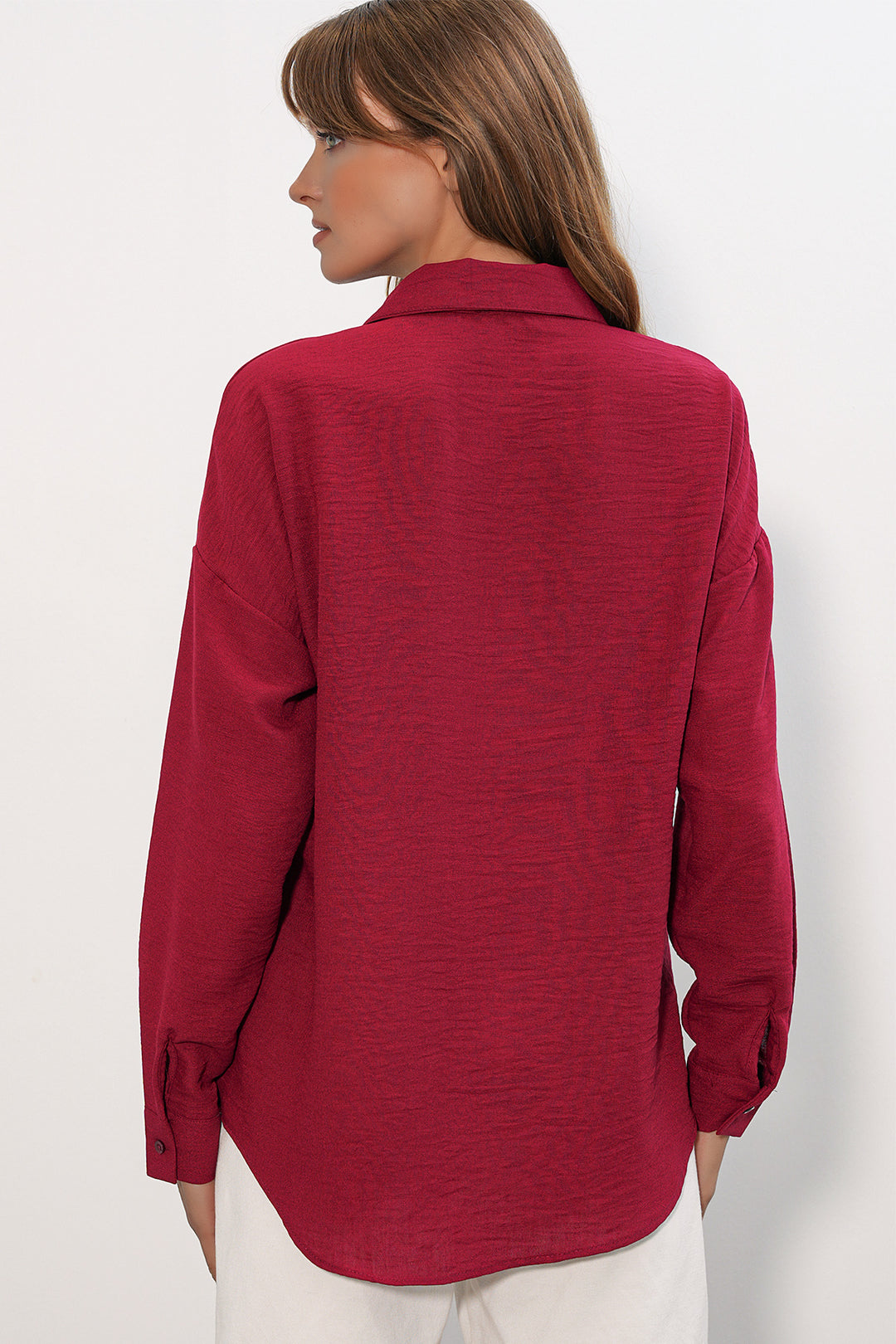 BGD Women Kadın Oversize Keten Gömlek 20338 - Bordo - Arlington