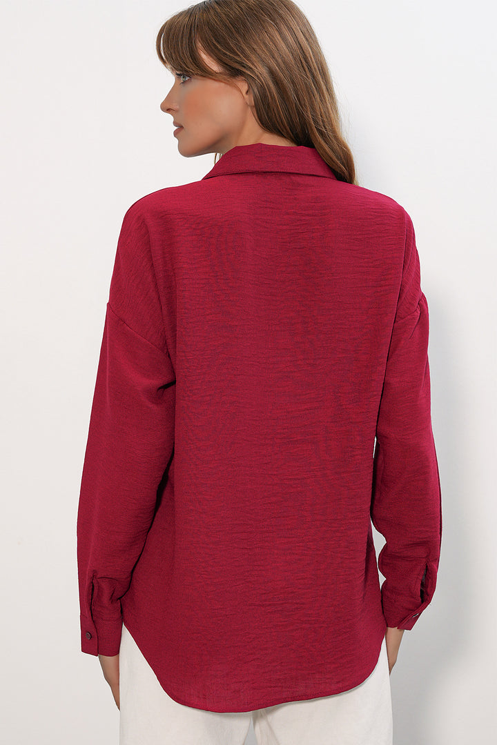 BGD Women Kadın Oversize Keten Gömlek 20338 - Bordo - Arlington