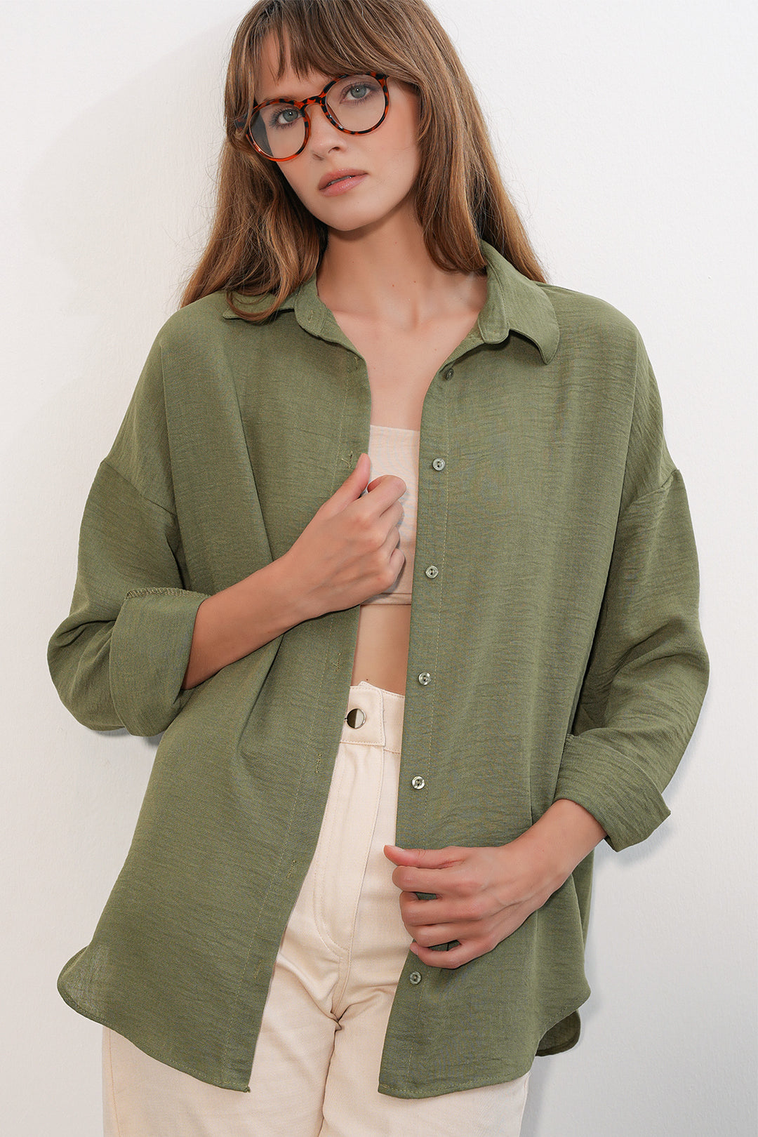 BGD Women Kadın Oversize Keten Gömlek 20338 - Haki - Toowoomba
