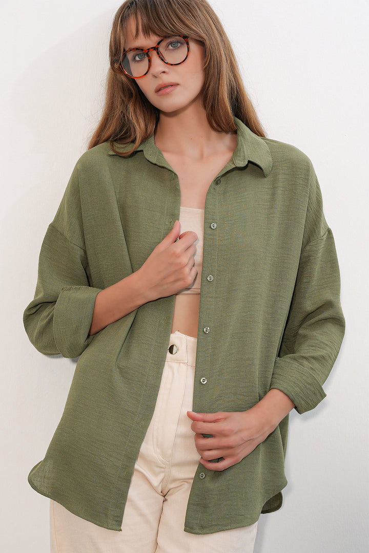 BGD Women Kadın Oversize Keten Gömlek 20338 - Haki - Toowoomba