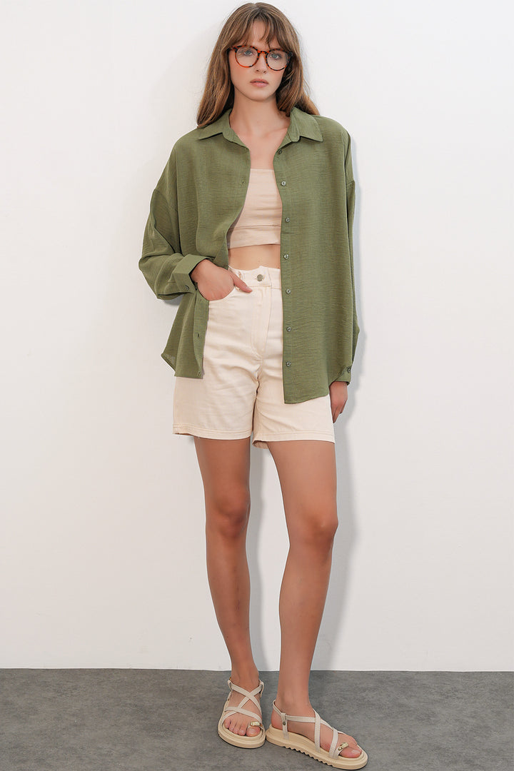BGD Women Kadın Oversize Keten Gömlek 20338 - Haki - Toowoomba