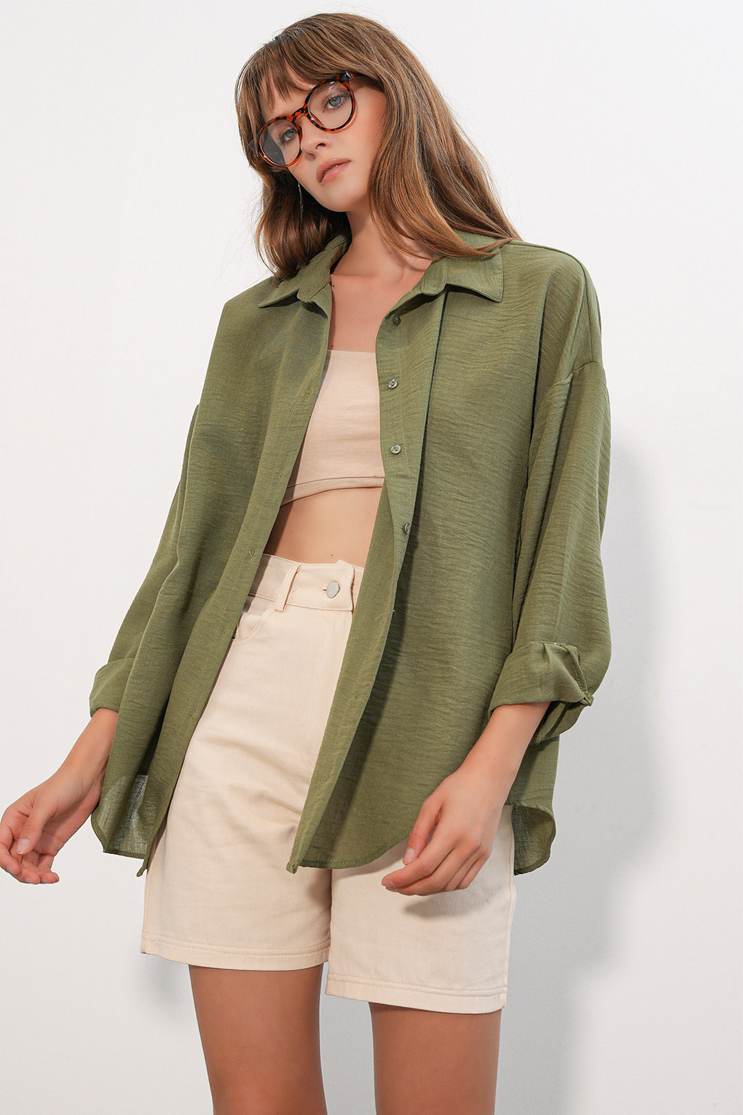 BGD Women Kadın Oversize Keten Gömlek 20338 - Haki - Toowoomba