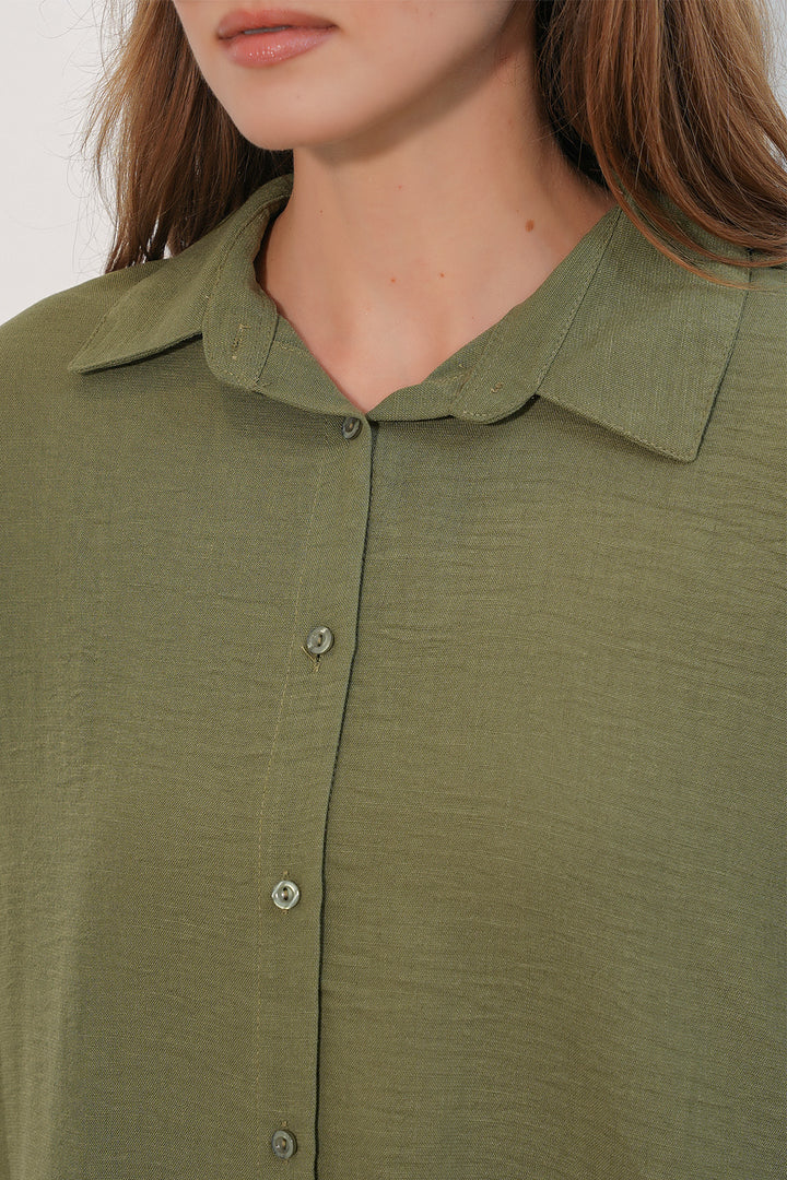 BGD Women Kadın Oversize Keten Gömlek 20338 - Haki - Toowoomba