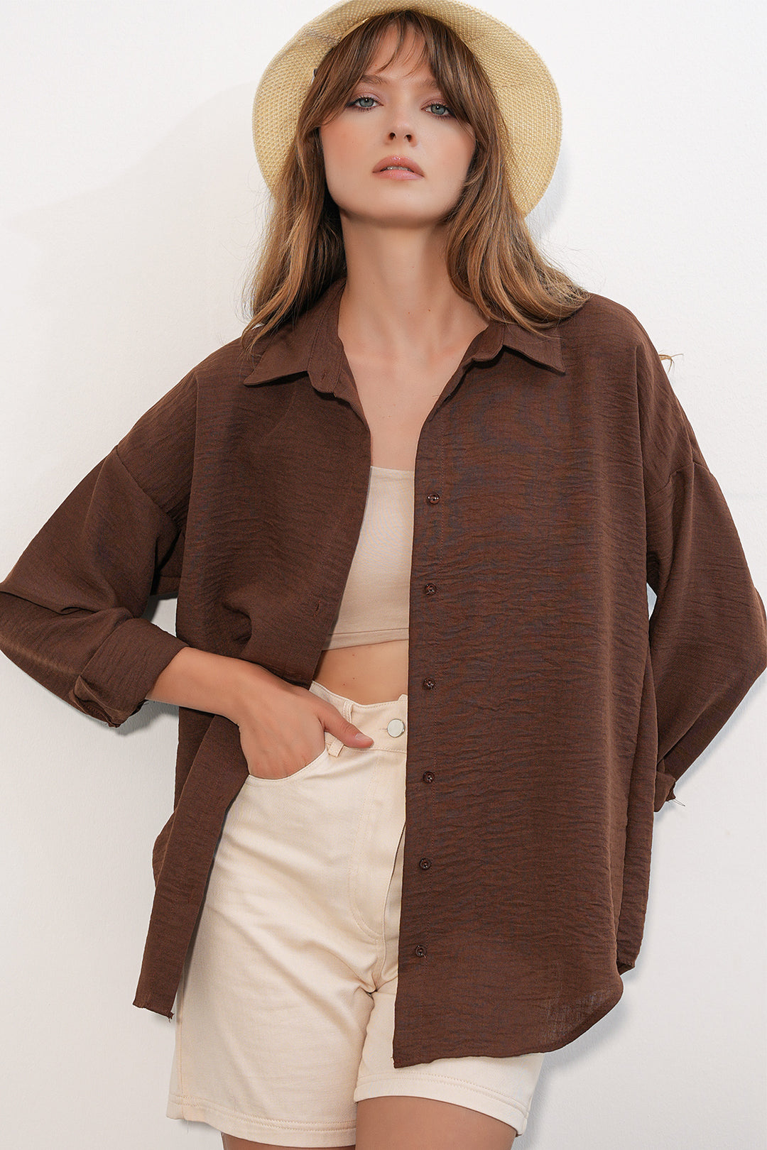 BGD Women Kadın Oversize Keten Gömlek 20338 - Kahverengi - Vawkavysk