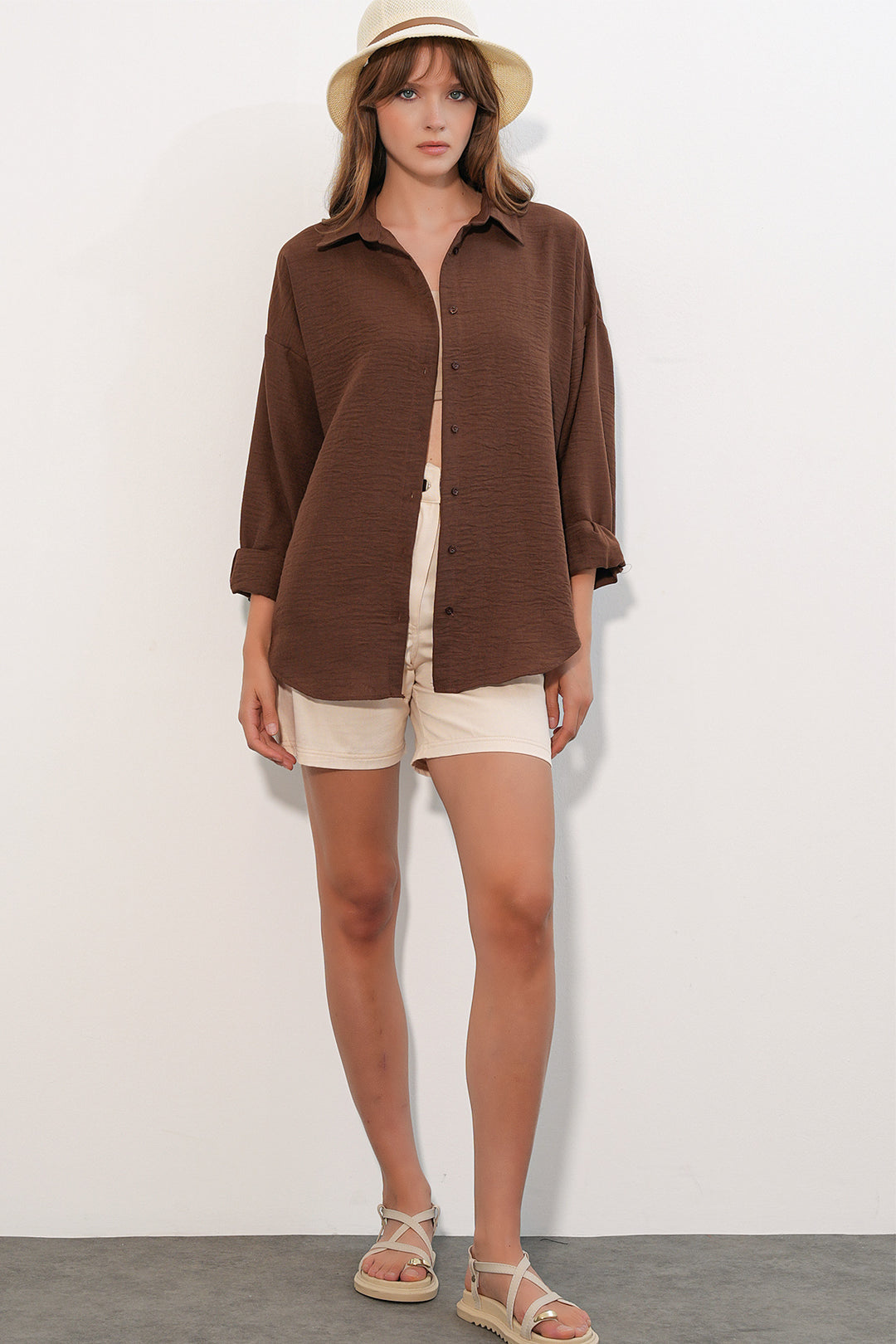 BGD Women Kadın Oversize Keten Gömlek 20338 - Kahverengi - Vawkavysk