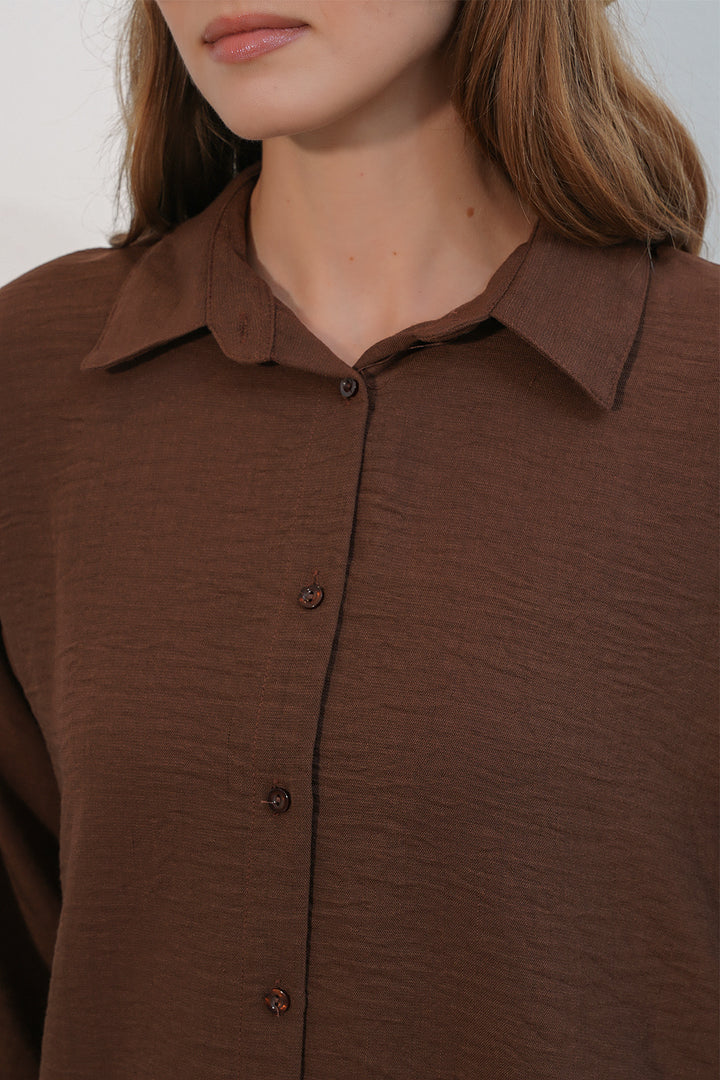 BGD Women Kadın Oversize Keten Gömlek 20338 - Kahverengi - Vawkavysk