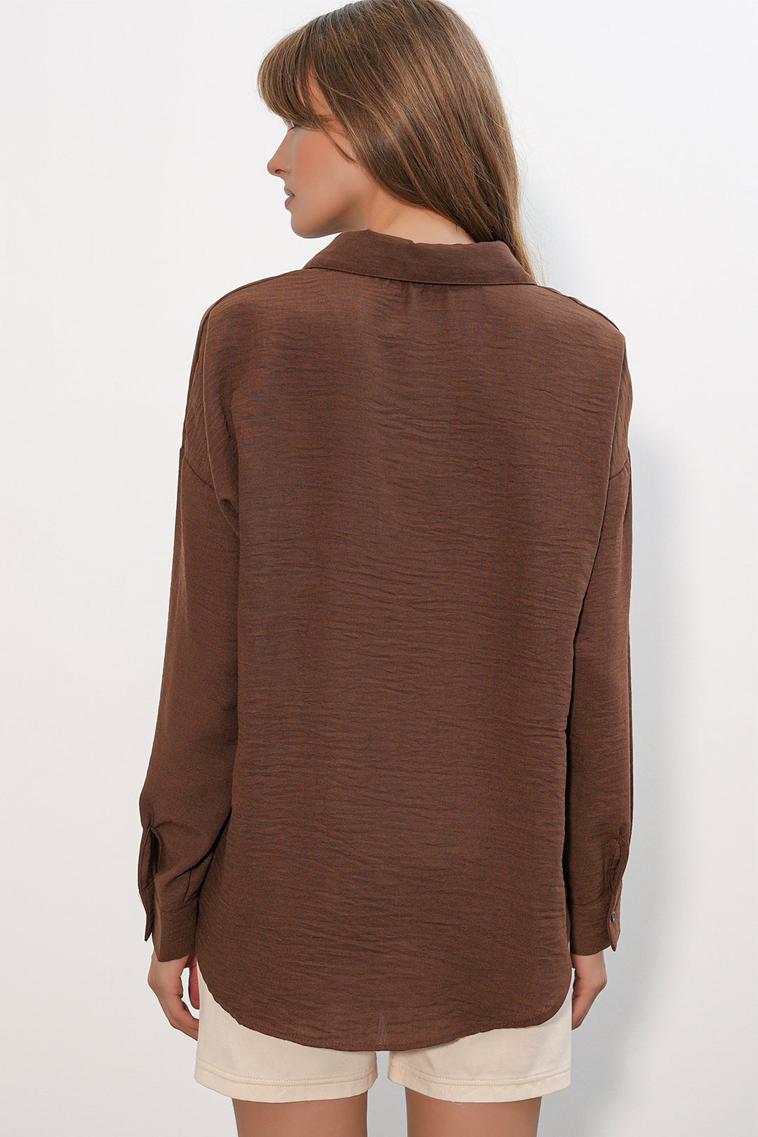 BGD Women Kadın Oversize Keten Gömlek 20338 - Kahverengi - Vawkavysk