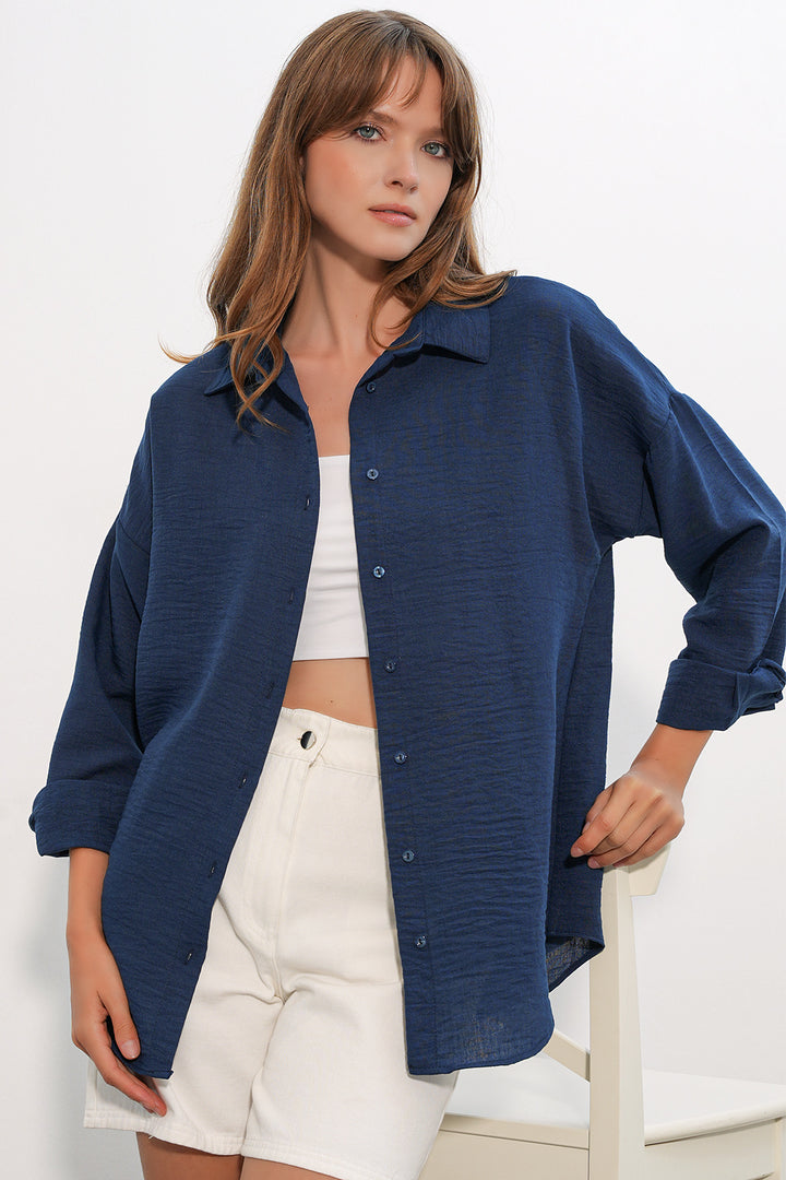 BGD Women Kadın Oversize Keten Gömlek 20338 - Lacivert - Salamanca