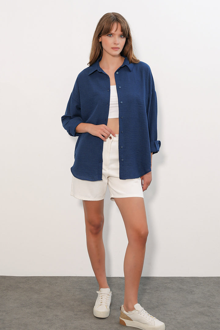 BGD Women Kadın Oversize Keten Gömlek 20338 - Lacivert - Salamanca