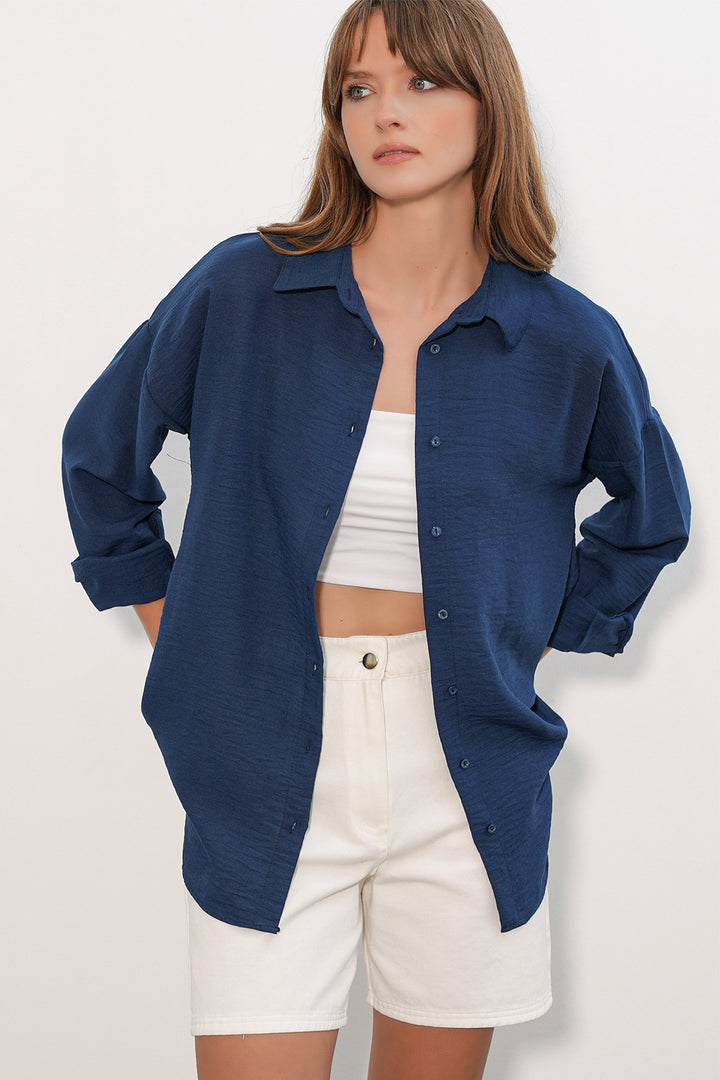 BGD Women Kadın Oversize Keten Gömlek 20338 - Lacivert - Salamanca