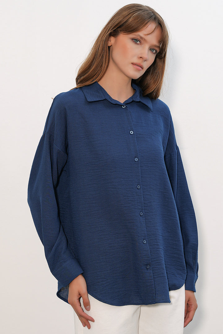 BGD Women Kadın Oversize Keten Gömlek 20338 - Lacivert - Salamanca