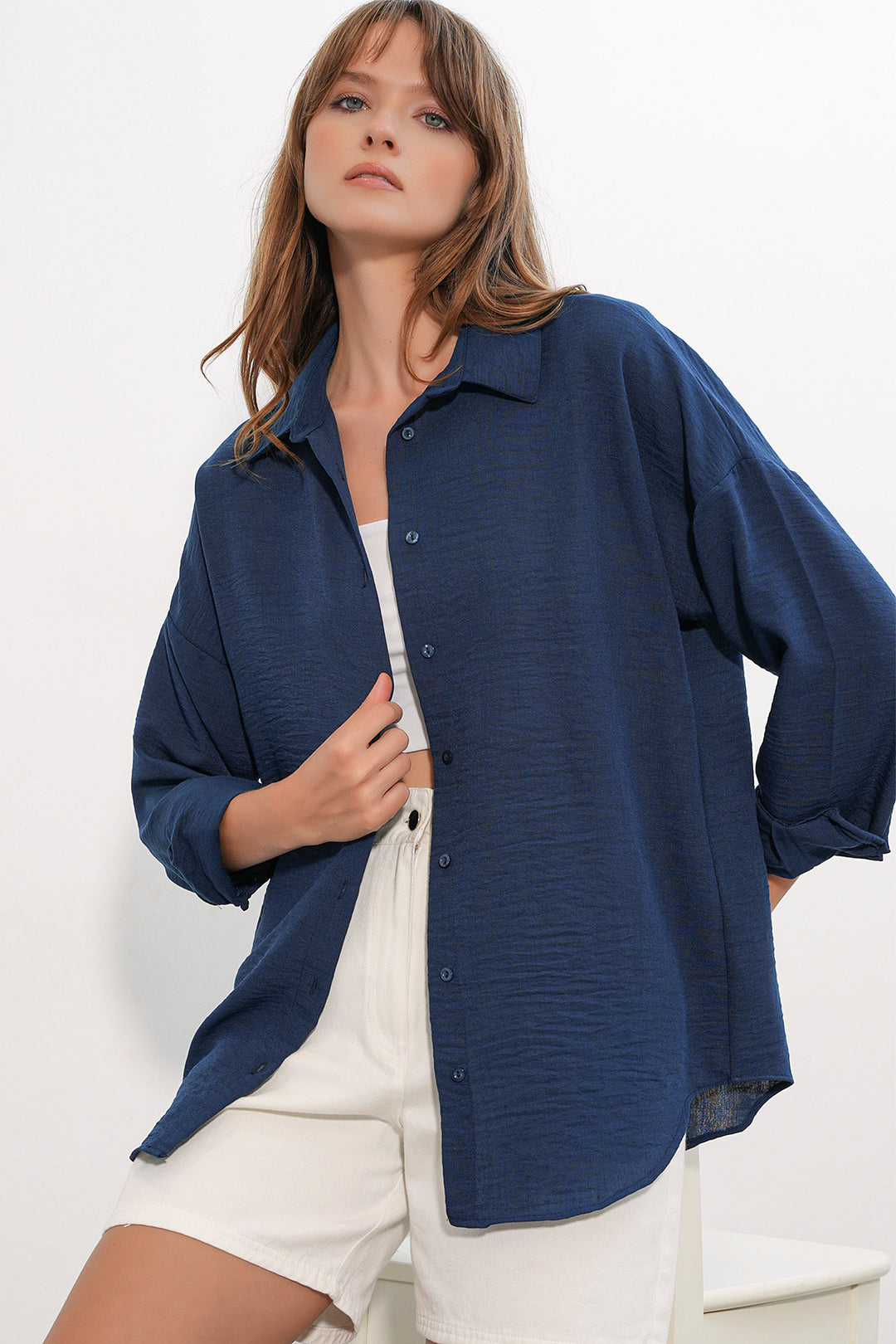 BGD Women Kadın Oversize Keten Gömlek 20338 - Lacivert - Salamanca