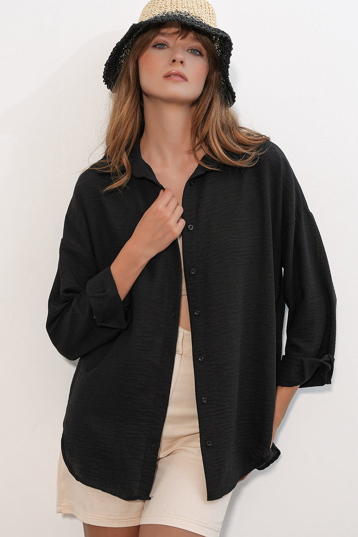 BGD Women Kadın Oversize Keten Gömlek 20338 - Siyah - Lemgo