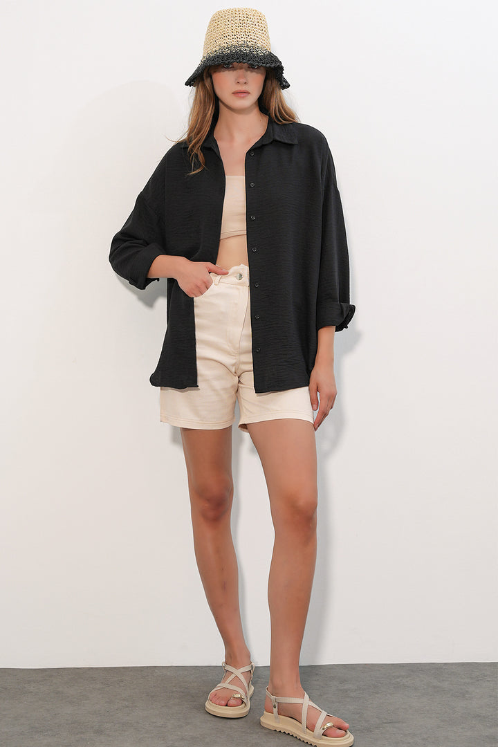 BGD Women Kadın Oversize Keten Gömlek 20338 - Siyah - Lemgo